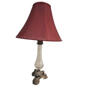 Vintage Pressed Glass Lamp w/Maroon Shade, 28” Tall